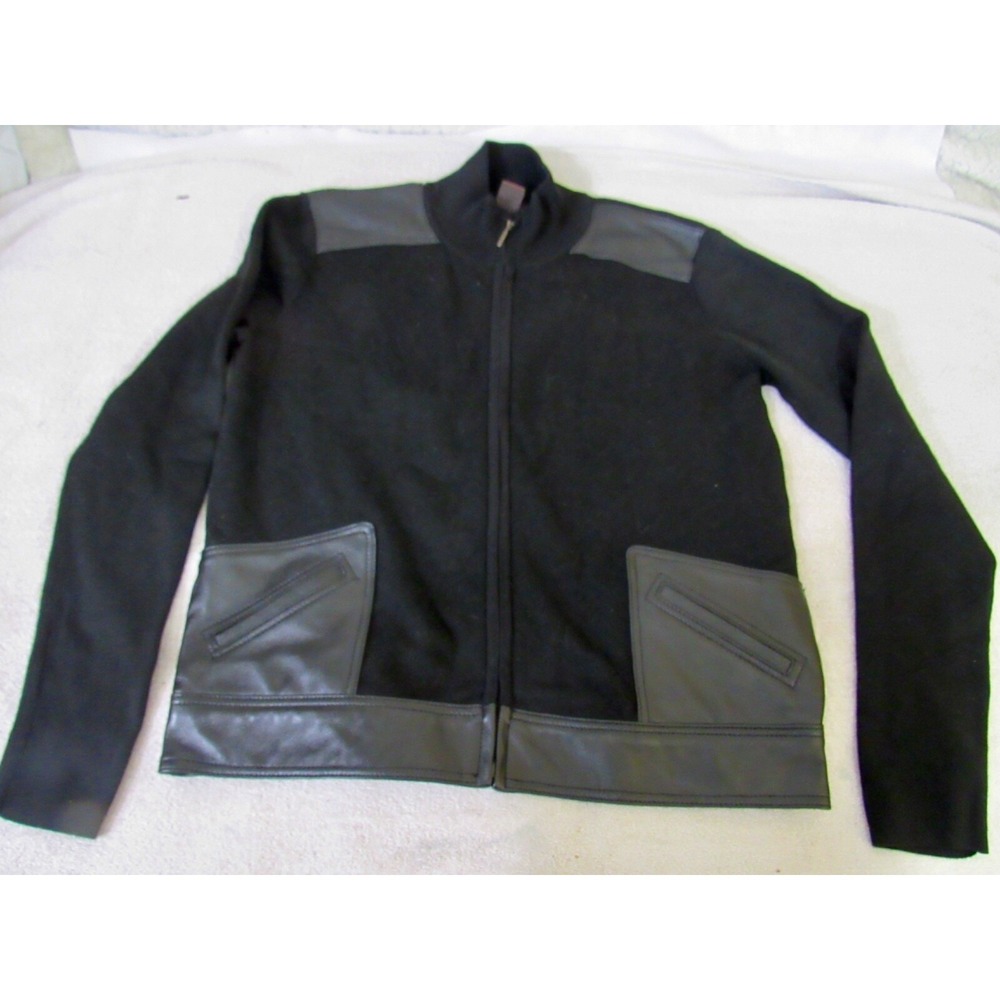 Bandolino Sz P/M Women's Black 53% Silk Full Zip SWEATER Faux Leather